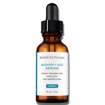 SkinCeuticals Blemish + Age Defense oil-free serum targeting blemishes and aging skin in a 30ml bottle.
