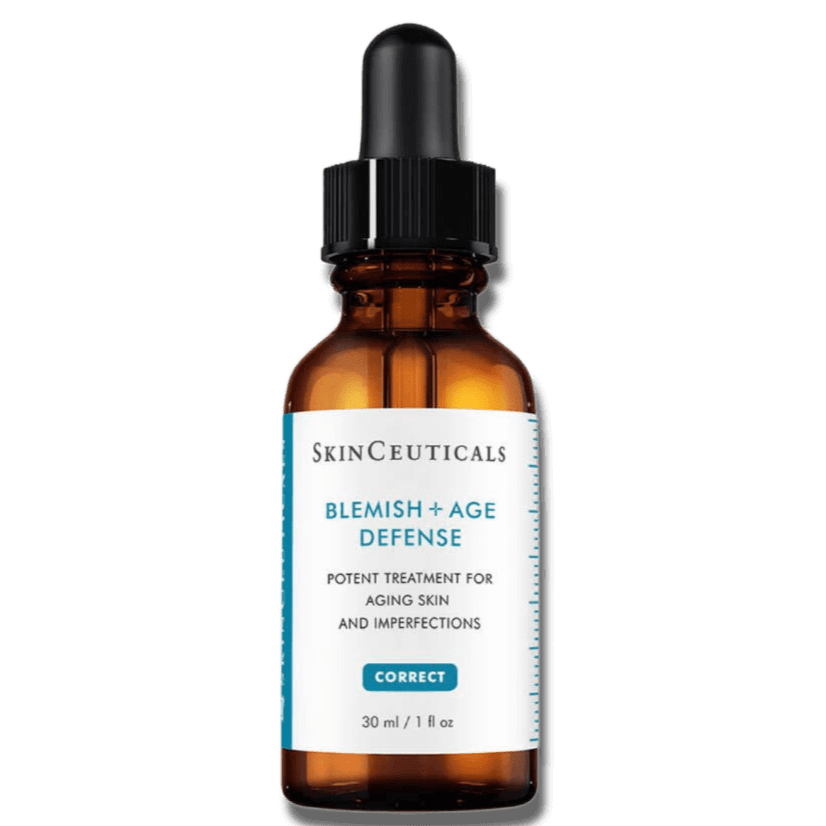 SkinCeuticals Blemish + Age Defense oil-free serum targeting blemishes and aging skin in a 30ml bottle.