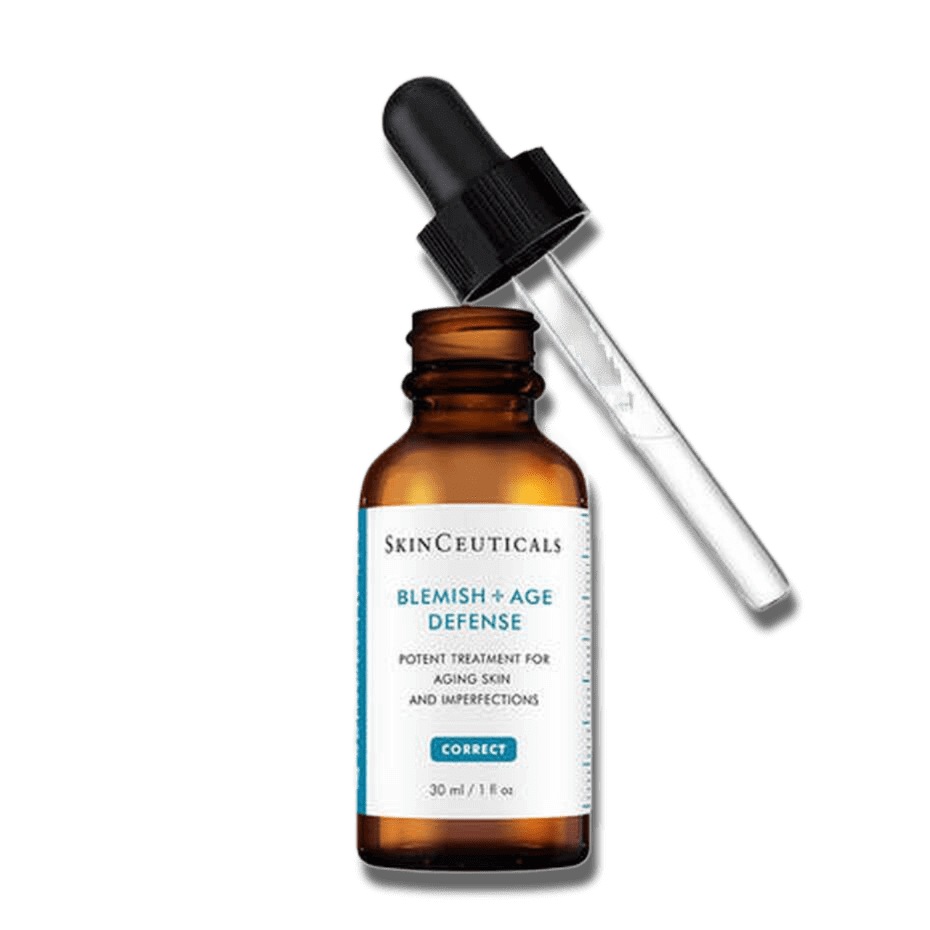 SkinCeuticals Blemish + Age Defense serum bottle with dropper for blemish-prone and aging skin treatment.