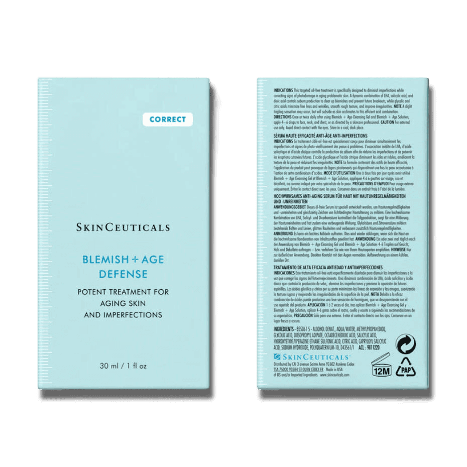 SkinCeuticals Blemish + Age Defense product packaging, a potent treatment for aging skin and imperfections.