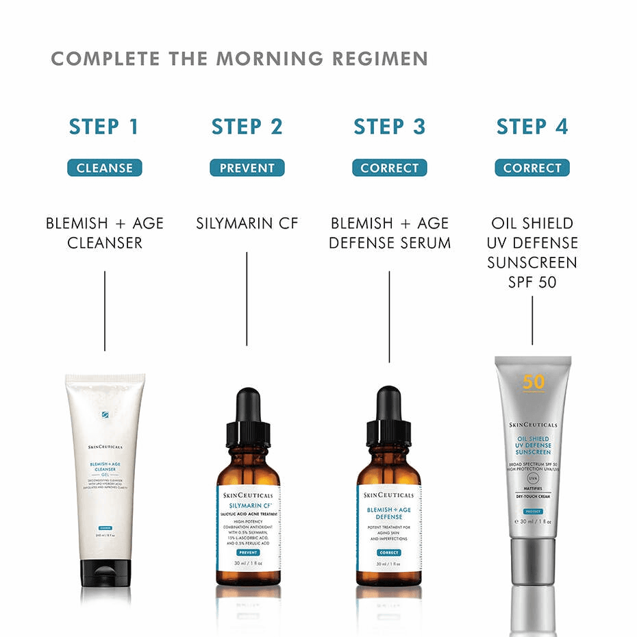 Complete morning regimen with SkinCeuticals Blemish + Age Defense products including cleanser and sunscreen.