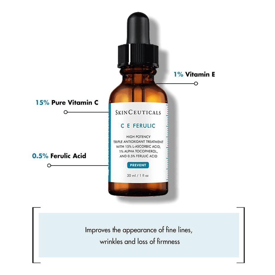 SkinCeuticals C E Ferulic Vitamin C Antioxidant Serum 30ml in amber bottle with dropper and efficacy claims.