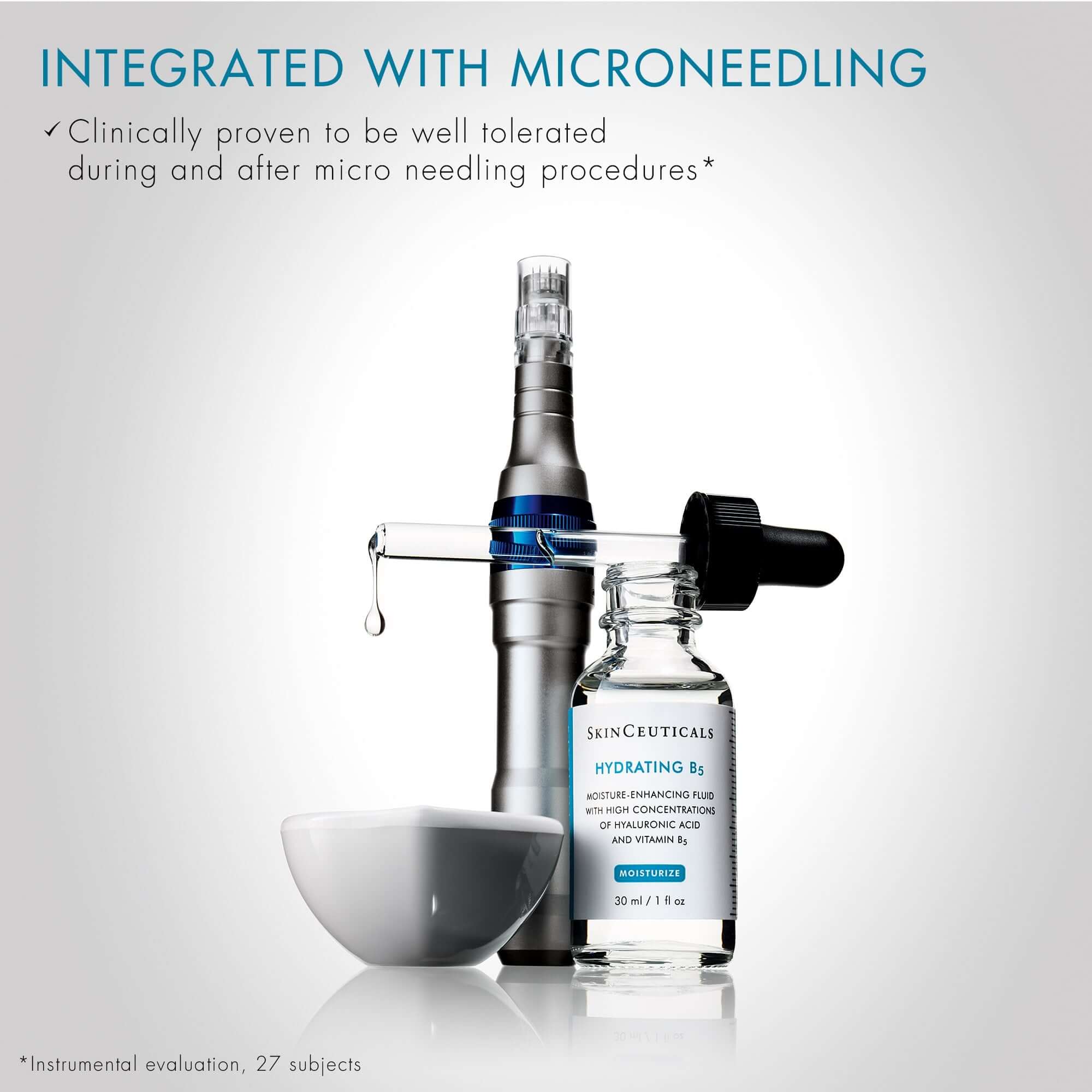 SkinCeuticals Hydrating B5 Gel Hyaluronic Acid Serum 30ml with microneedling device image.