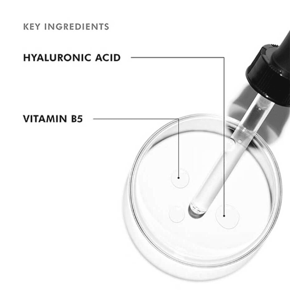 SkinCeuticals Hydrating B5 Gel Hyaluronic Acid Serum 30ml with hyaluronic acid and vitamin B5 in a petri dish.