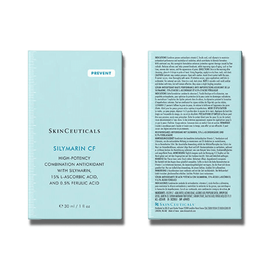 SkinCeuticals Silymarin CF Vitamin C Serum packaging with product information and ingredients listed.