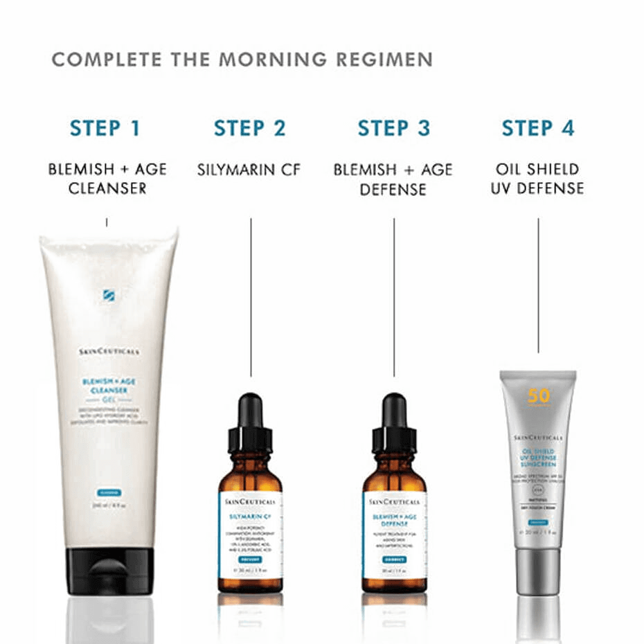 SkinCeuticals Silymarin CF Vitamin C Serum featured in a complete morning skincare regimen.