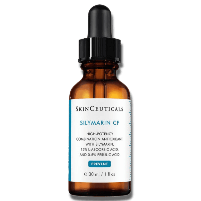 SkinCeuticals Silymarin CF Vitamin C Serum in a brown glass bottle with a dropper, oil-free antioxidant for oily skin.