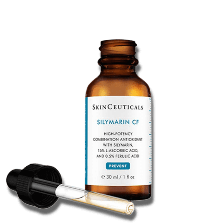 SkinCeuticals Silymarin CF Vitamin C Serum in a brown glass bottle with dropper.