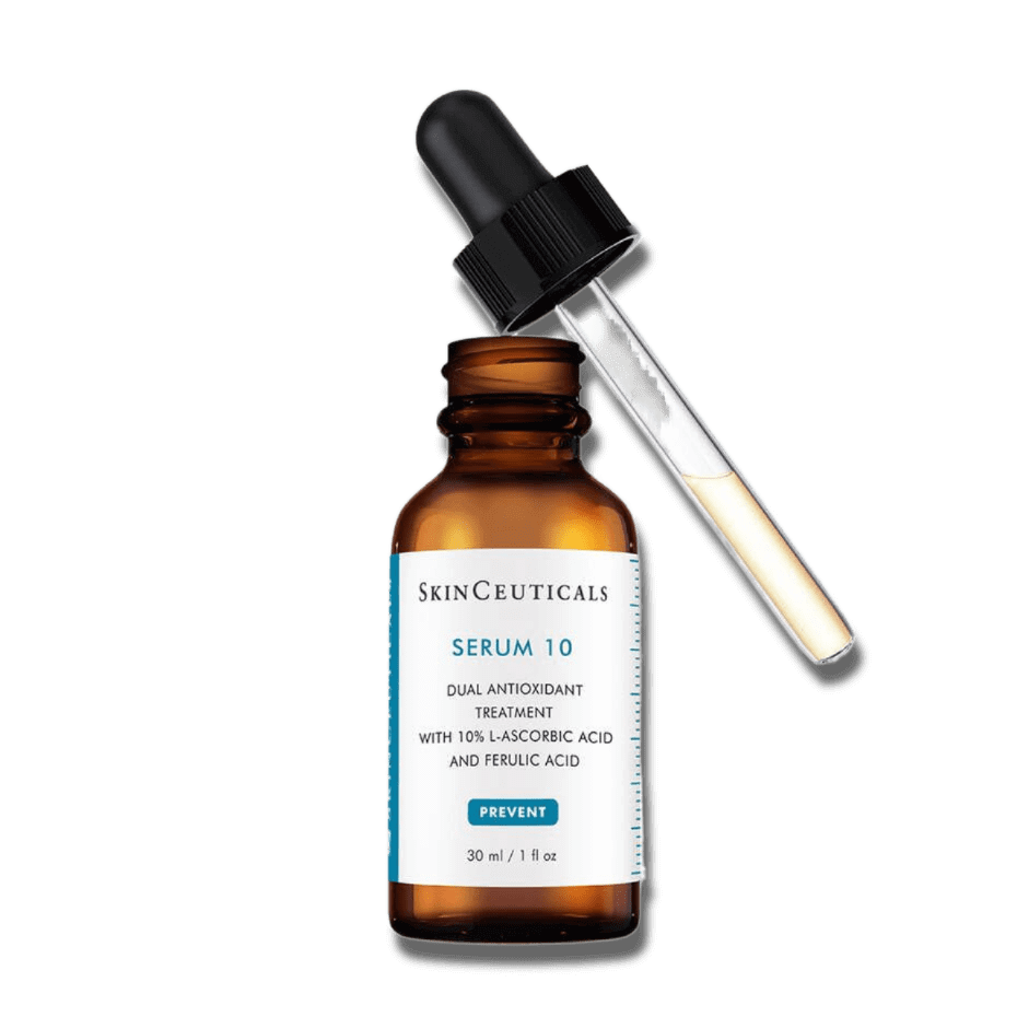 SkinCeuticals Serum 10 bottle with dropper, containing 10% Vitamin C and ferulic acid for radiant skin.